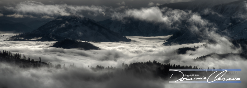 SnoCone - This photo of the Lake Wenatchee valley filled with a lake of mist has been one of my most popular panoramic images. It is not a black and white image. As a metal print the image has great depth and shows the dramatic winter scenes so indicative of the North Cascades.This image is available for purchase as a limited edition metal print. Contact photographer Dominic Urbano for purchase and delivery information.