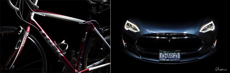 My first two experiments with light painting. On the left my wife's bike. On the right the front of a Tesla model S.